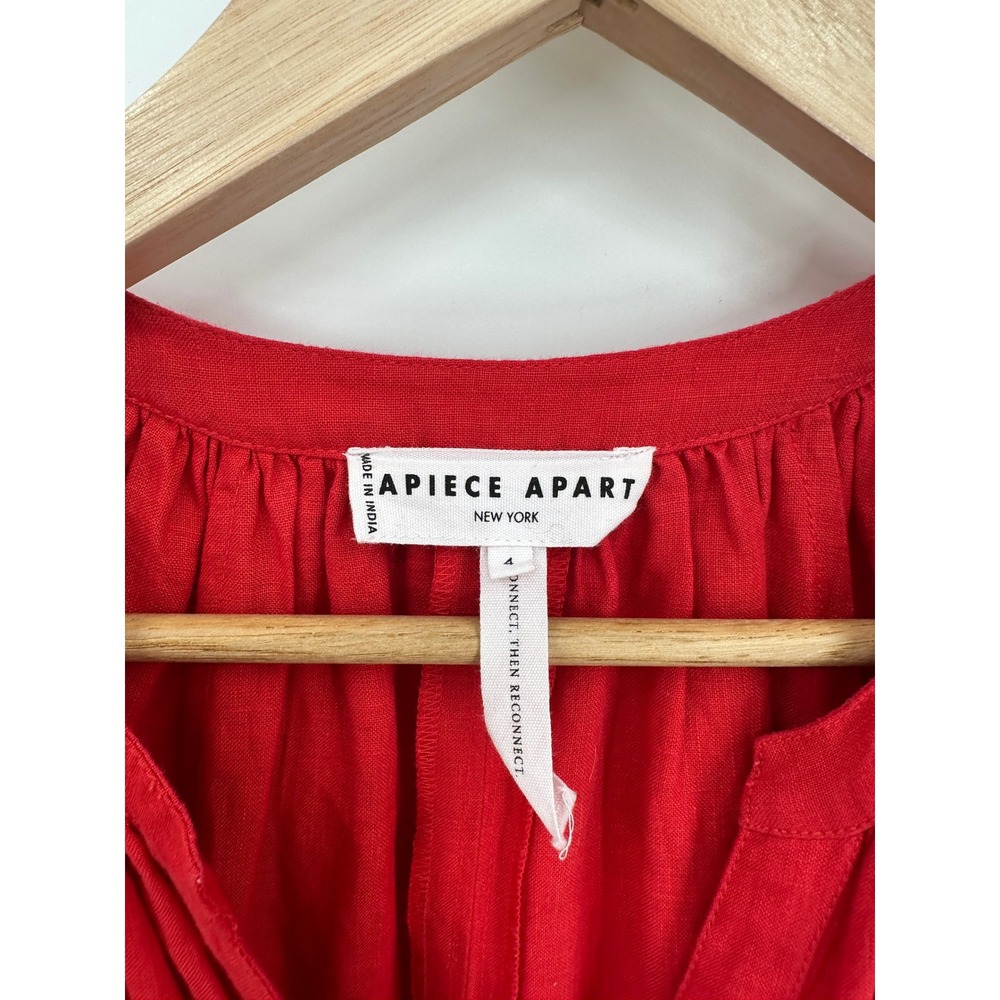 Apiece Apart Mitte Chili Red Linen Button Front Shift Midi Dress Belted Size 4 - Picture 4 of 8